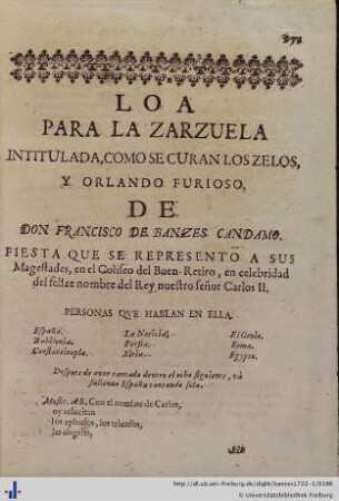 Loa para la Zarzuela de Orlando furioso.