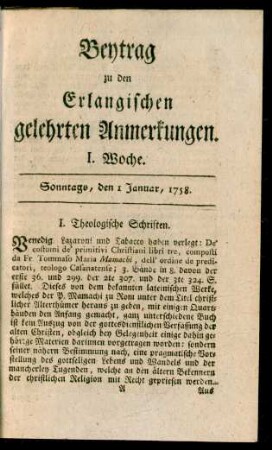 I. Woche (1. Januar 1758)-LII. Woche (23. December 1758): Beytrag zu den Erlangischen gelehrten Anmerkungen