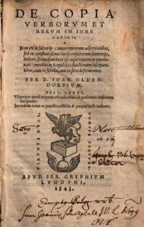 De copia verborum et rerum in iure civili : non ex desultoriis commentatorum adsertionibus, sed ex constantißimis iurisconsultorum sententiis, indices, secundum boni & aequi rationem concinnati ; omnibus in republica functionem suscipientibus, cum in scholis, tum in foro deseruientes