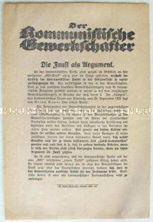 Propagandaflugblatt der SPD zur Auseinandersetzung mit einem Beitrag der kommunistischen Zeitung "Der kommunistische Gewerkschafter"