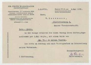Brief von Fritz Warschauer an Raoul Hausmann. Berlin