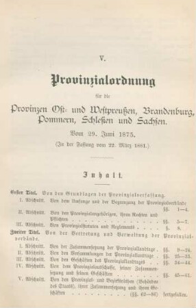 V. Provinzialordnung für die Provinzen Ost- und Westpreußen, Brandenburg, Pommern, Schlesien und Sachsen