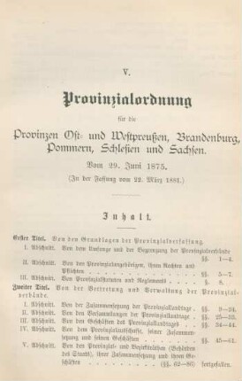 V. Provinzialordnung für die Provinzen Ost- und Westpreußen, Brandenburg, Pommern, Schlesien und Sachsen