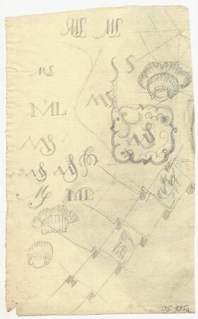 Kalligrafie- und Ornamentstudien : Diverse Studien und Skizzen, teils unfertig, zu Ornamenten und Monogrammen zu M S, M L