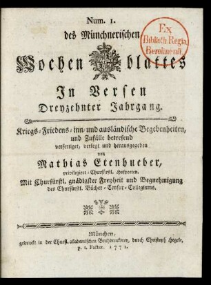 13. Jahrgang, Num. 1/Num. 52 (1771): Des Münchnerischen Wochen-Blattes In Versen