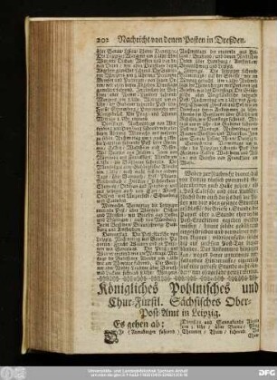 Königliches Pohlnisches und Chur-Fürstl. Sächsisches Ober-Post-Amt in Leipzig.