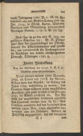 Fünfte Bemerkung. Von der Würkung der except. N. N. P. in Rücksicht eines Wahnsinnigen