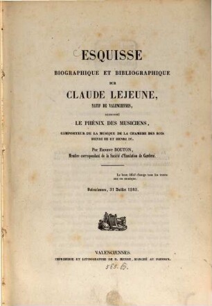 Esquisse biographique et bibliographique sur Claude Lejeune ...