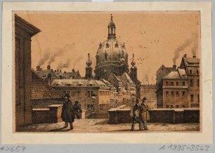 Blick von der Brühlschen Terrasse nach Süden durch die Münzgasse zur Frauenkirche
