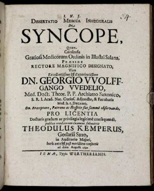 Dissertatio Medica Inauguralis De Syncope
