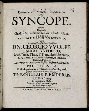 Dissertatio Medica Inauguralis De Syncope