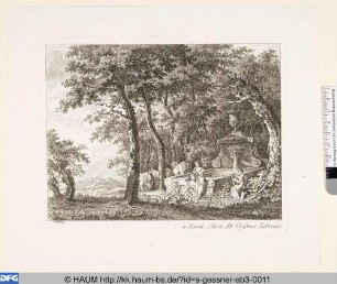 Antiker Brunnen am Waldeingang mit Hirtenpaar und drei Rindern