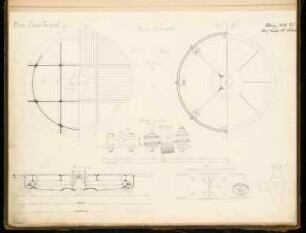 Kreuzdrehscheibe Monatskonkurrenz März 1878: Grundriss auf vier Ebenen, Querschnitt, Details; 2 Maßstabsleisten