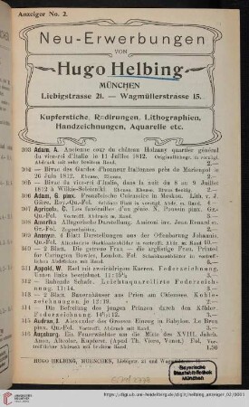 Nr. 2: Neu-Erwerbungen von Hugo Helbing, München: Anzeiger: Kupferstiche, Radirungen, Lithographien, Handzeichnungen, Aquarelle etc.