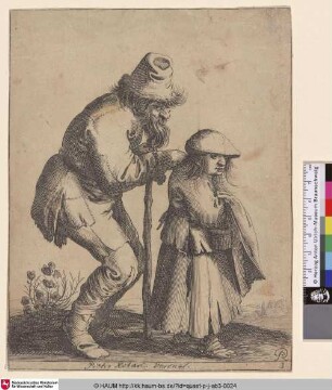 [Ein bärtiger Bettler und ein junges Mädchen; A bearded beggar with a walking stick at left, seen in profile and walking towards right whilst leaning on a young girl, who is walking in front of him and carrying a small basket]