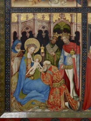 Wildunger Altar — Altar im geöffneten Zustand — Verkündigung, Geburt Christi, Anbetung der Könige und Darbringung im Tempel — Anbetung der Könige