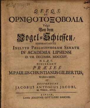 De Ornithotoxobolia, Vulgo Von dem Vogel-Schiessen