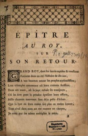 Épître Au Roy Sur Son Retour