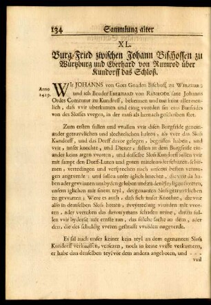 XL. Burg-Fried zwischen Johann Bischoffen zu Würtzburg und Eberhard von Rumrod über Kundorff das Schloß