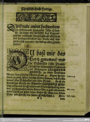 Leichenpredigt : Christliche Leich-Predigt, [Introitus], [Textus], Exordium, Exergasia