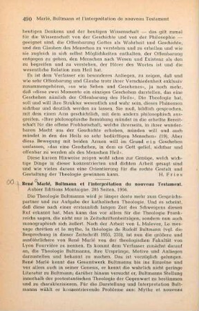 490-491 [Rezension] Marlé, René, Bultmann et l'interprétation du Nouveau Testament