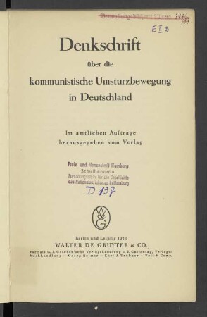 Denkschrift über die kommunistische Umsturzbewegung in Deutschland