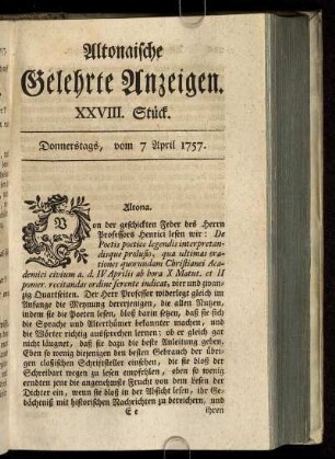 XXVIII. Stück. Donnerstags, vom 7 April 1757