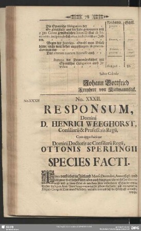 No. XXXII. Responsum, Domini D. Henrici Weeghorst, Consiliarii & Professoris Regii, ... Ottonis Sperlingii Species Facti