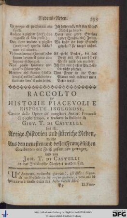 Artige Historien und sinnreiche Reden, welche aus den neuesten und besten Frantzösischen Scribenten mit Fleiß zusammen getragen, und von Joh. T. di Castelli in das Italiänische übersetzet worden sind.