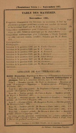 Table des matières. Novembre 1885.