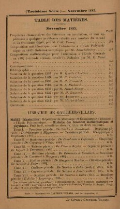 Table des matières. Novembre 1885.