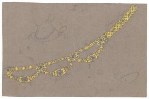 Entwurf Kette : Teil einer breitgliedrigen Kette, im vorderen Bereich doppelreihig; Skizze eines Frauenhalses mit dieser Kette; nummeriert; handschriftliche Anmerkungen und Pfeile