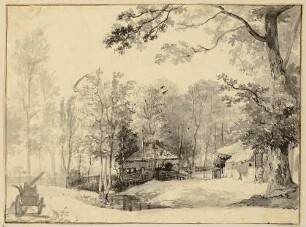 Niederländisches Bauerngehöft am Wasser, links Wagen