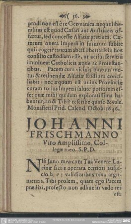 Johanni Frischmanno, Viro Amplissimo, Collegae meo