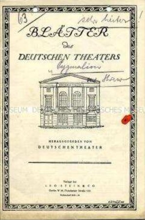 Programmheft des Deutschen Theaters zum Stück "Pygmalion" von Bernard Shaw