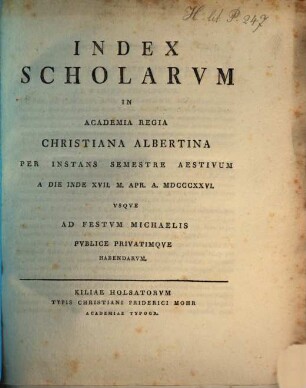 Index scholarum in Academia Regia Christiana Albertina, SS 1826