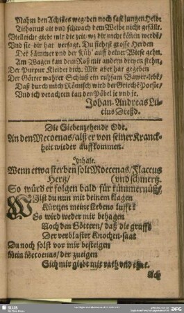 Die Siebenzehende Ode. An den Mecoenas, alß er von seiner Kranckheit wieder auffkommen
