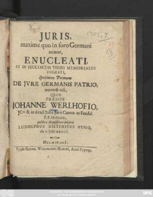 Specimen 1: De Jvre Germanis Patrio : universe tali