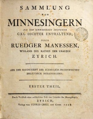 Sammlung von Minnesingern Aus Dem Schwaebischen Zeitpuncte : CXL Dichter Enthaltend, 1