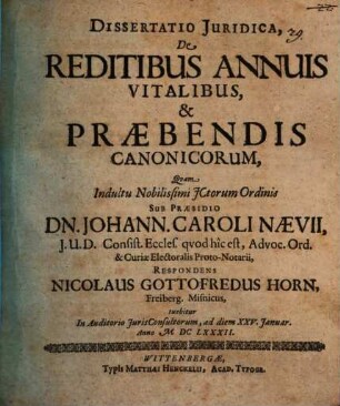 Dissertatio Juridica, De Reditibus Annuis Vitalibus, & Praebendis Canonicorum