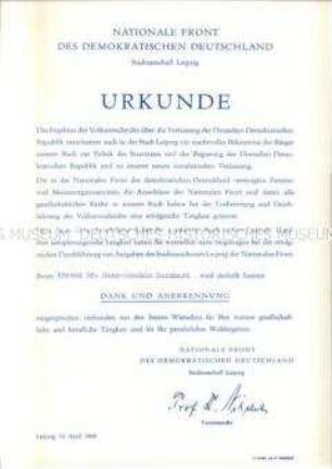 Dankesurkunde zum Volksentscheid 1968