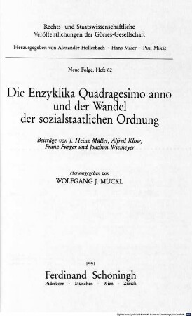 Die Enzyklika Quadragesimo anno und der Wandel der sozialstaatlichen Ordnung