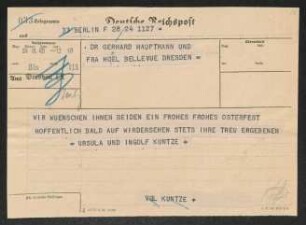 Brief von Ingolf Kuntze und Ursula Kuntze an Gerhart Hauptmann