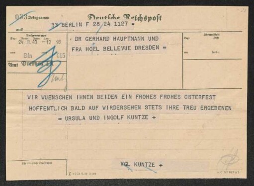 Brief von Ingolf Kuntze und Ursula Kuntze an Gerhart Hauptmann