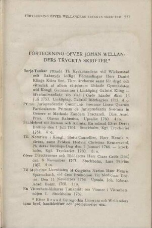 Förteckning Öfver Johan Wellanders Tryckta Skrifter.