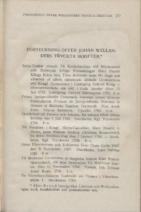 Förteckning Öfver Johan Wellanders Tryckta Skrifter.