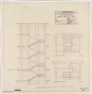 Haus des Rundfunks, Berlin-Charlottenburg: Treppe VI, Schnitt, Grundriss EG, Keller 1.50