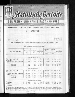 Der Flugverkehr des Flughafens Hamburg-Fuhlsbüttel im November 1961 : Lfd. Nr. 17