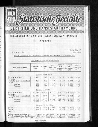 Der Flugverkehr des Flughafens Hamburg-Fuhlsbüttel im November 1961 : Lfd. Nr. 17