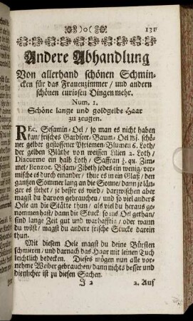 Andere Abhandlung. Von allerhand schönen Schmincken für das Frauenzimmer/ ...